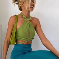2021 autumn sexy hollow out tank top solid color halter lace up sleeveless slim crop top elegant backless body knitted green top
