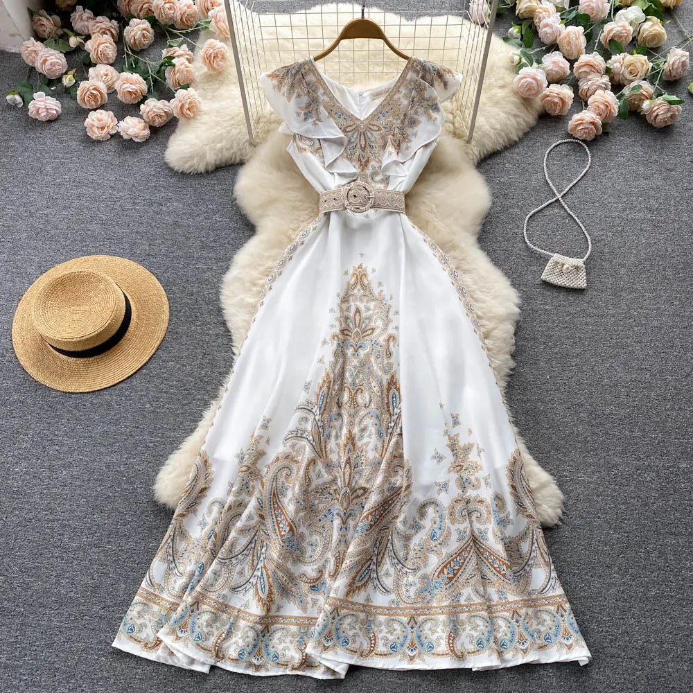 

Женское винтажное платье-миди с цветочным принтом, белое элегантное вечернее платье в стиле бохо с оборками и рукавами-фонариками