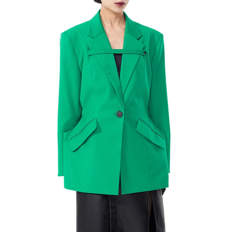 Women Green Waist Hollow Out Big Size Blazer New Lapel Long Sleeve Loose Fit Jacket Fashion Spring Autumn 2022