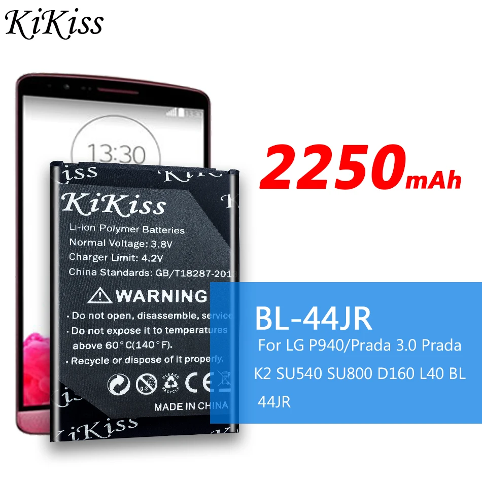 KiKiss Replacement Phone Battery For LG P940/ 3.0  K2 SU540 SU800 D160 L40 BL 44JR Batteries 2250mAh BL-44JR