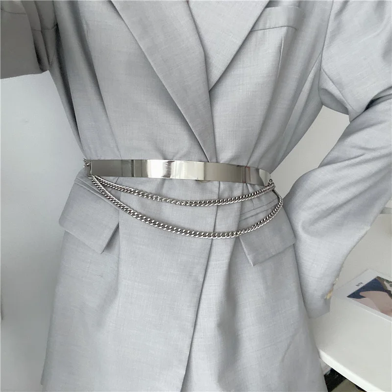 

European and American metal waist chain women's versatile fashion hollow smooth double chain suit shirt decorative mirror waist