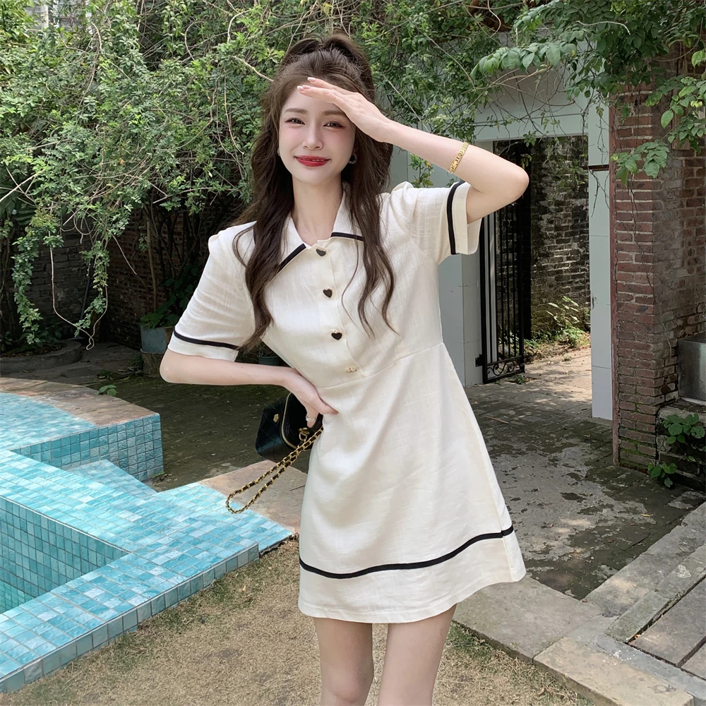 

2022 dress women's summer new style Lapel short sleeve contrast