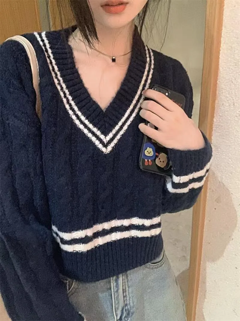 Весенне-осенний женский свободный повседневный пуловер с v-образным вырезом в