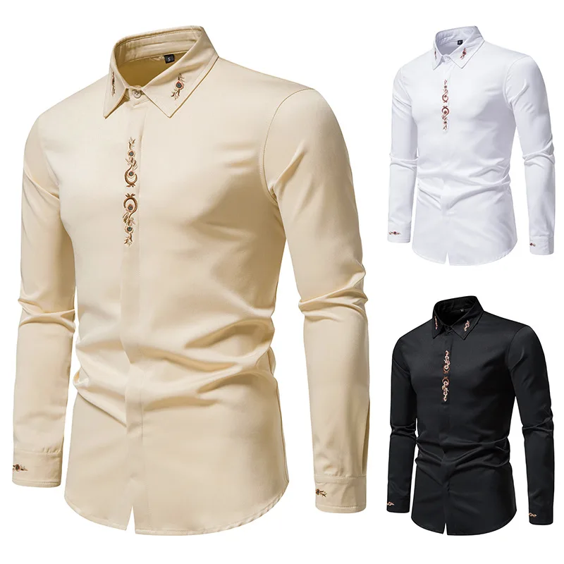 

LUCLESAM Мужская рубашка с вышивкой камуфляж Феникс цветок 2022 Модная приталенная Повседневная рубашка с отворотом для мужчин