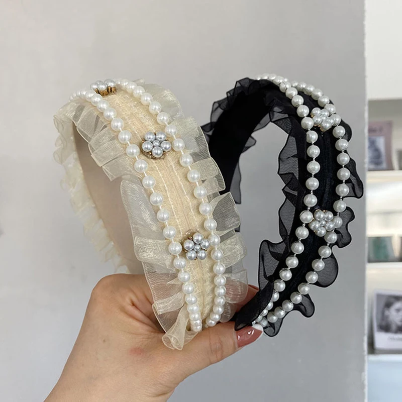

New Korean Lace Pearl Headband for Women Girls Hair Accessories Retro Mesh Folds Anti-slip Wash Hair Band Female Headdress