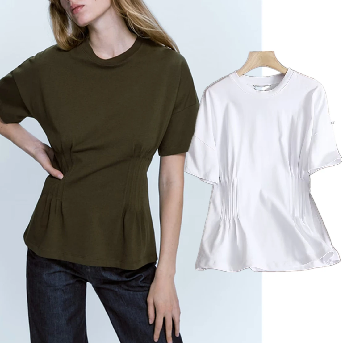 

Maxdutti 2023 Spring Summer Tshirts Lady New Arrival Women's Tops Fashion Simple Collect Waist Cotton