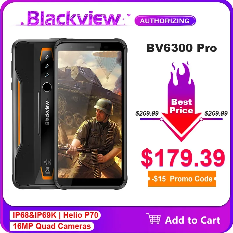 

NEW2023 BV6300 Pro Helio P70 Octa Core 6GB+128GB IP68 Waterproof Smartphone Quad Cameras Android 10.0 NFC 4380mAh