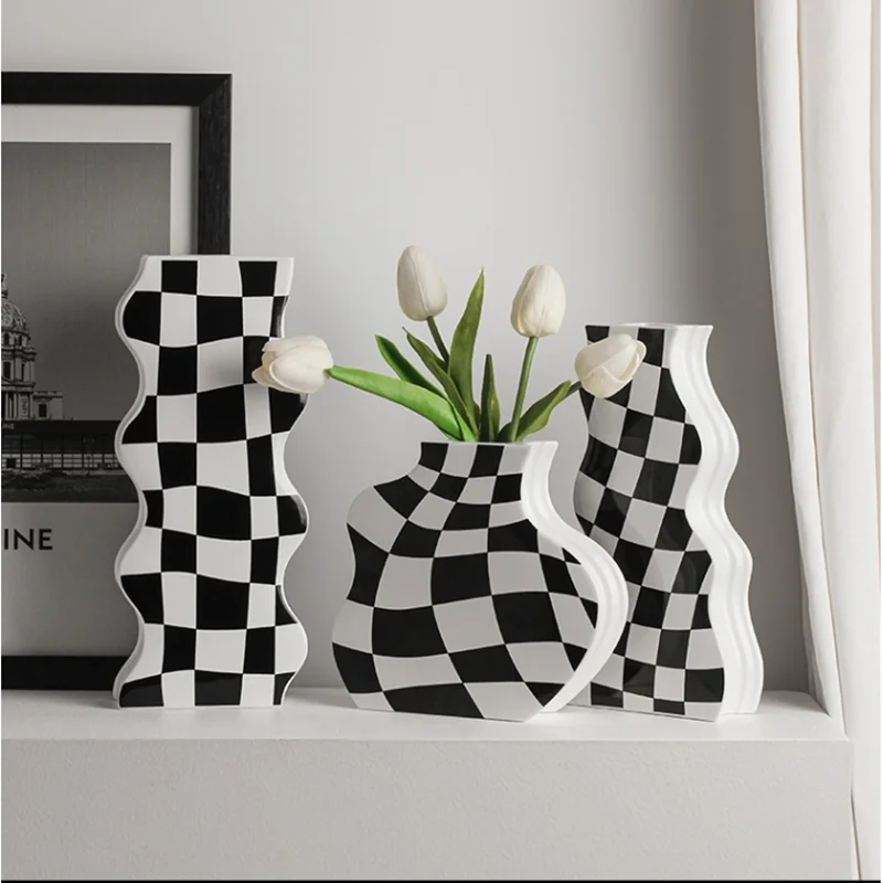 

Black White Ceramic Vase Decoration Checkerboard High Sense Dried Flower Vase Living Room Flower Arrangement Home Decor