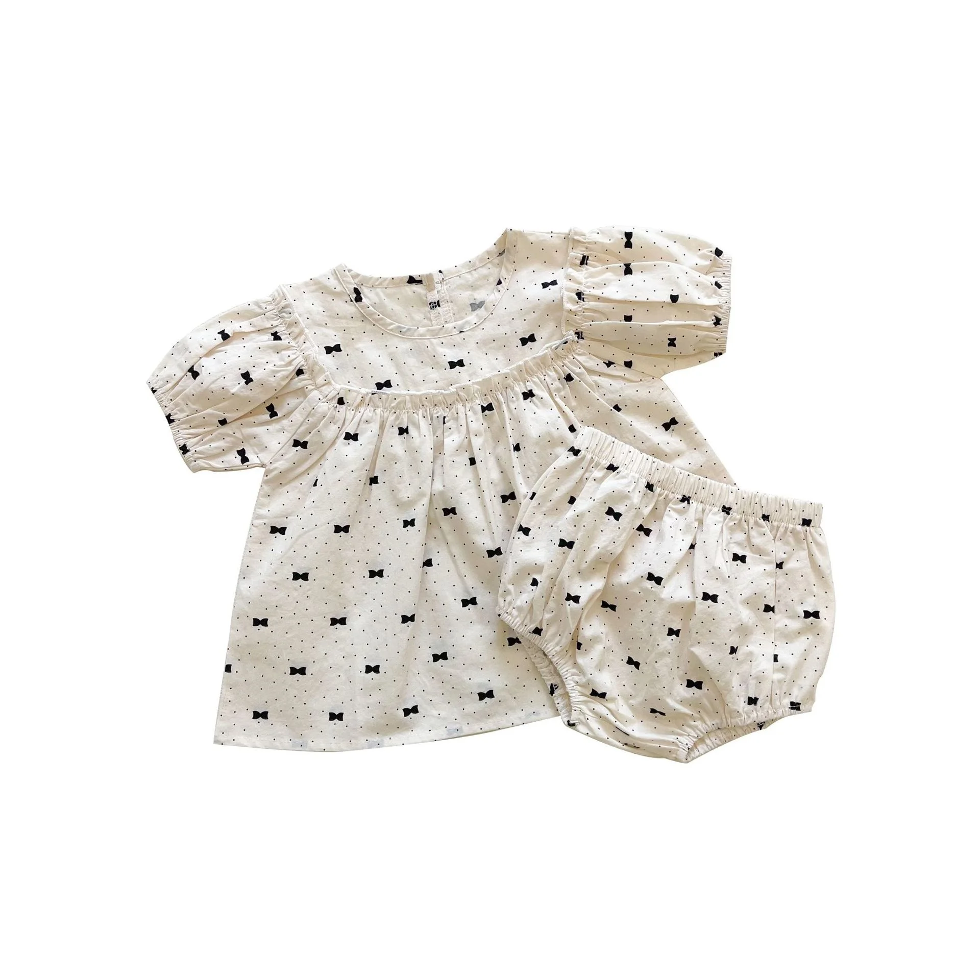 

Girls' Pants Set Bow Print Baby Short Sleeve Top Bag Pants Two-piece Set
