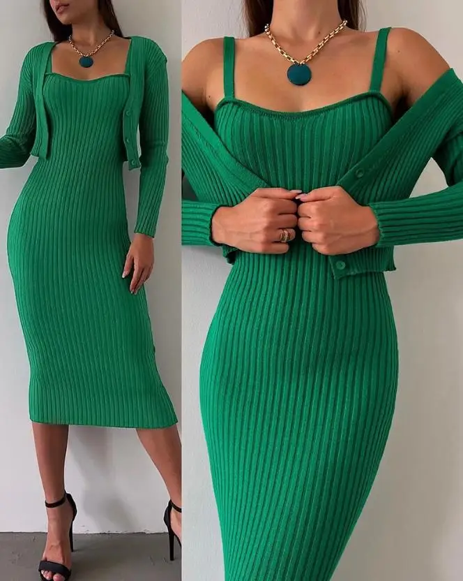 

Соблазнительные женские комплекты из двух предметов, наряд, облегающее платье без рукавов с кардиганом, модель сезона осень-зима 2023 года, модная повседневная одежда