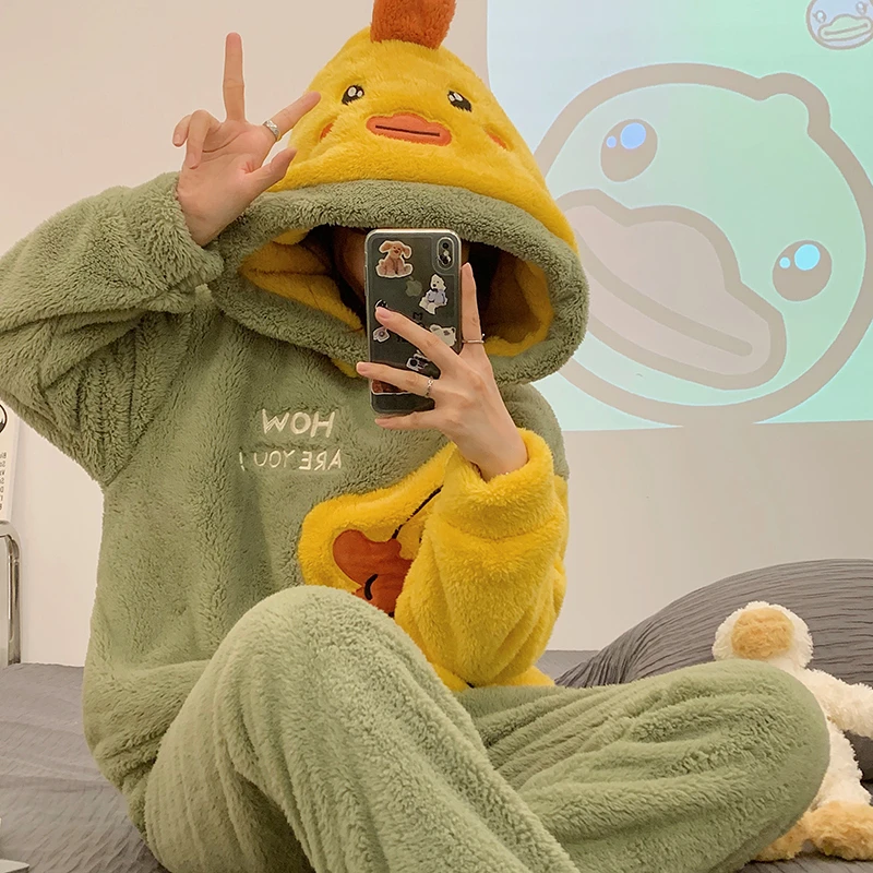 

Winter Pajamas Set For Women Thicken Sleepwear Coral Fleece Soft Warm Pijama Femme Leisure wear Cute Duck Hooded With Pocket