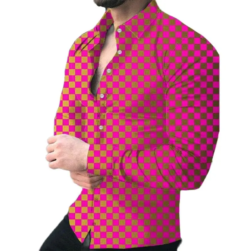 

Spring Fashion Men Shirts Autumn Turn-down Collar Buttoned Shirt Male Casual Lattice Print Long Sleeve Tops Social Men's Clothes