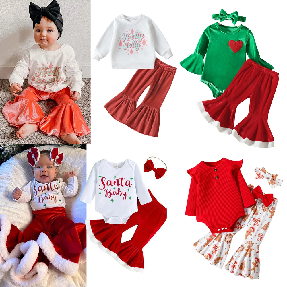 

2023 Christmas Flare Pants Set For Infant 2 Piece Fancy Carnival Party Romper Birthday Gift Long Sleeve Autumn/Winter 1-3Y