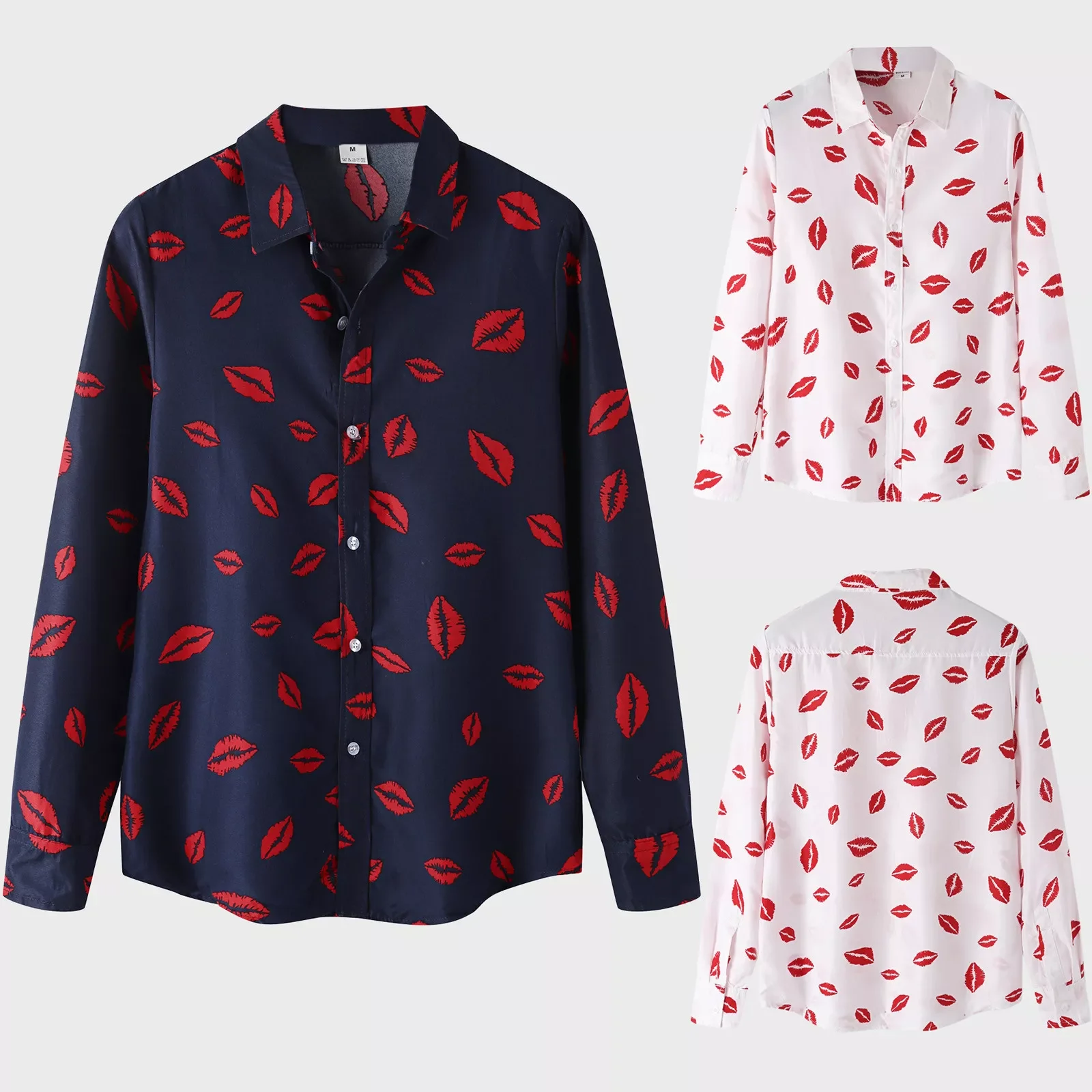 

Рубашка мужская с отложным воротником, Повседневная Длинная сорочка с принтом помады, на пуговицах, деловая одежда