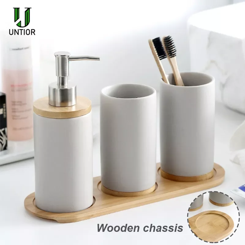 

NEW Ceramic Bathroom Accessories Set with Bamboo Base Include Ceramic Tumbler Soap Dispenser Toothbrush holder Bathroom Set