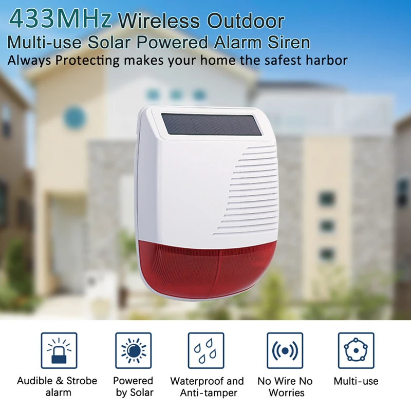 433MHz Wireless Solar Siren Alarm Sound Light Flash 110dB Outdoor Strobe Waterproof for Home Security Alarm System Smart Burglar enlarge