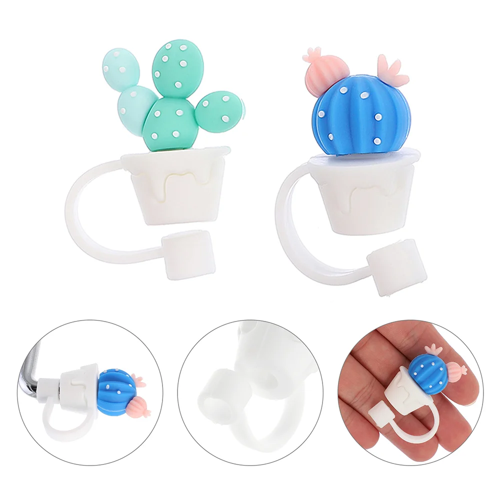 

1 Set 2Pcs Silicone Dustproof Straw Tip Covers Leakproof Cactus Shape Straw Plugs (Assorted Color)