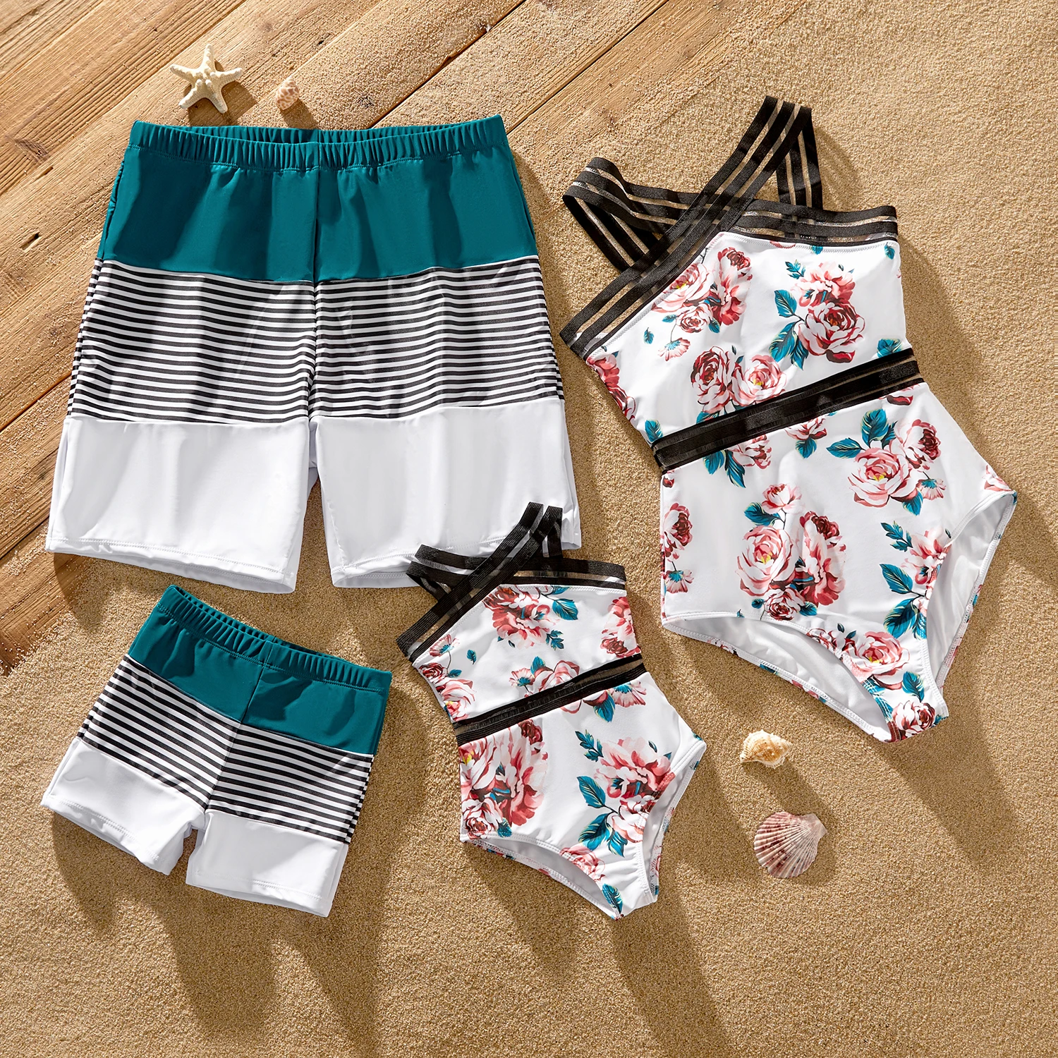 

PatPat Family Matching Swimwear Floral Print Crisscross One-piece Swimsuit and Striped Colorblock Swim Trunks