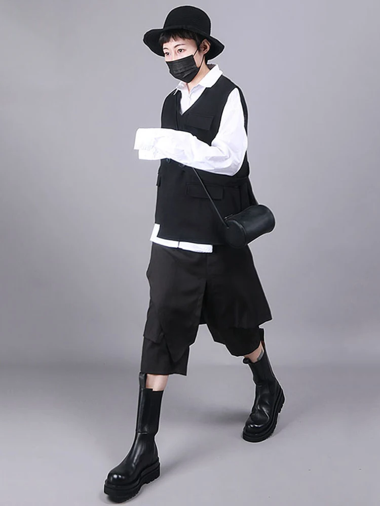 [EAM] Женская свободная черная Асимметричная жилетка большого размера с v-образным