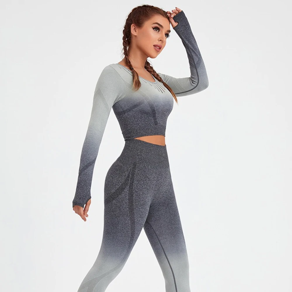 2 Pcs long sleeve Women Sport Suit Fitness Gradient Yoga Set Push Up Workout Gym Leggings Running Clothing Tracksuit Sportswear