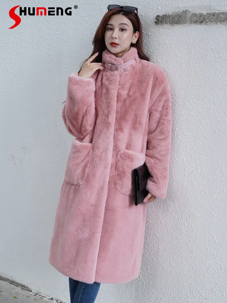 2023 Autumn and Winter New Mink Furry Mid-Length Pink Lamb Wool Plush Coat Korean Style Long Sleeve Thicken Faux Fur Overcoat