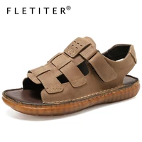 fletiter size 46 mens sandals comfort genuine leather summer high quality beach slippers casual footwear outdoor beach shoes