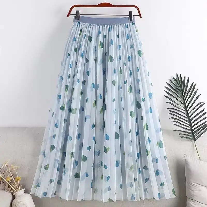 Long Tulle Skirt Summer New Love Floral Mesh Skirt Women's Half-length Skirt Pleated Mid-length A-line Skirt