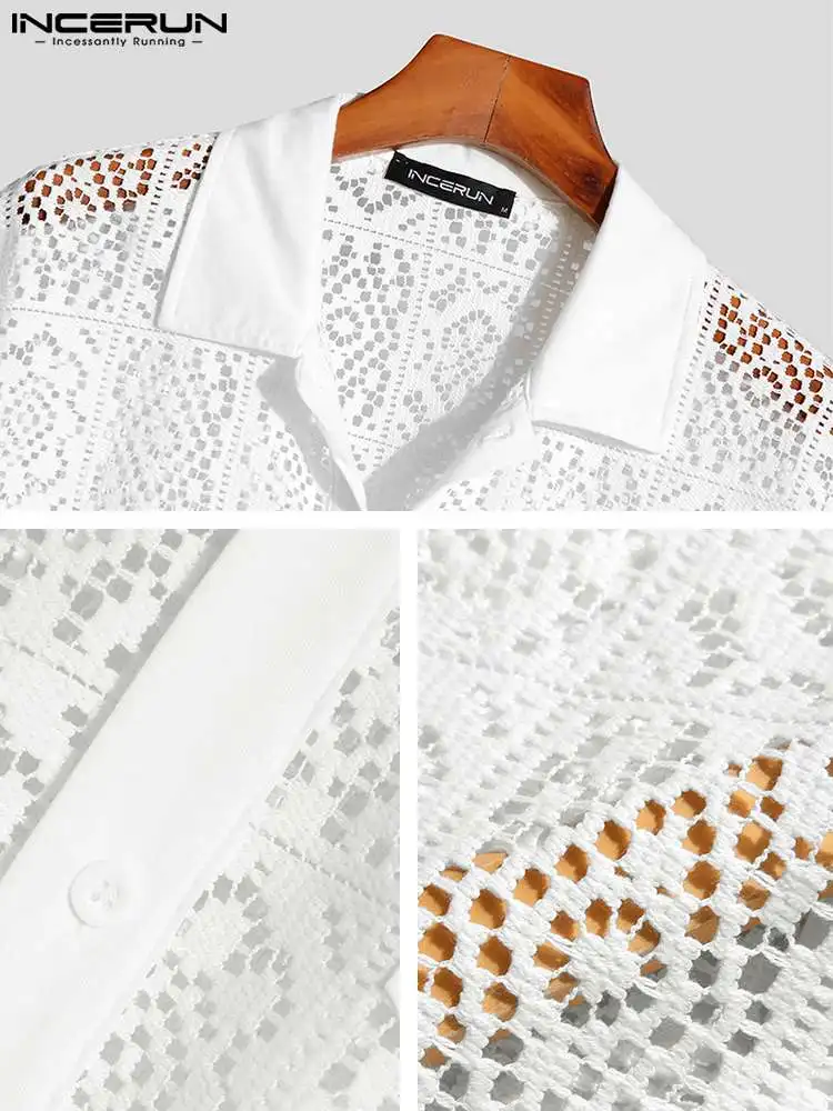 Handsome Well Fitting Men's Tops INCERUN Hollow Lace Pane Flower Printed Blouse Stylish Knitted Short-sleeved Lapel Shirts S-5XL
