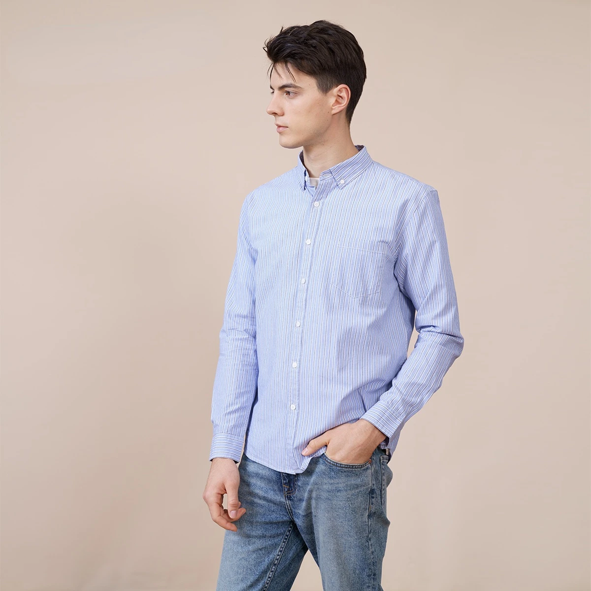 

2022New 2022 Spring New Vertical Striped Shirts Men 100% Cotton Casual Shirts Slim Fit Chest Pockets Shirt SK130123