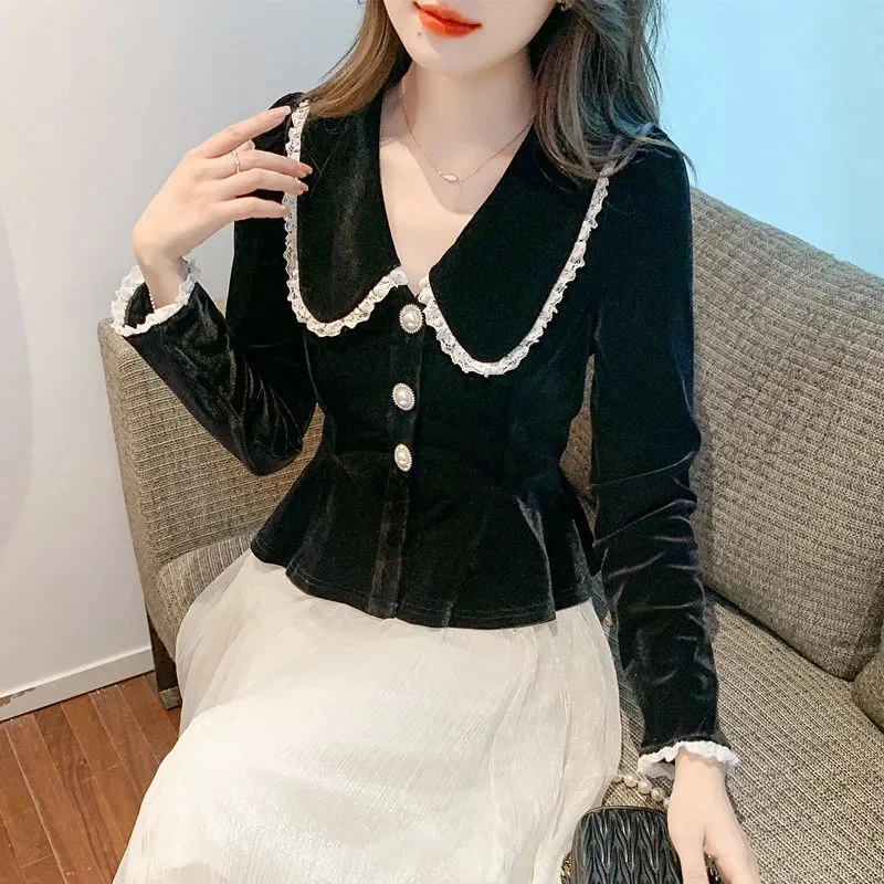 Корейский женский бархатный кардиган блузка весенне-осенняя женская рубашка с