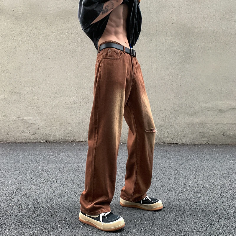 

Hole Brown Jeans Men Fashion Retro Ripped Baggy Jeans Men Streetwear Loose Hip Hop Straight Denim Pants Mens Trousers M-2XL