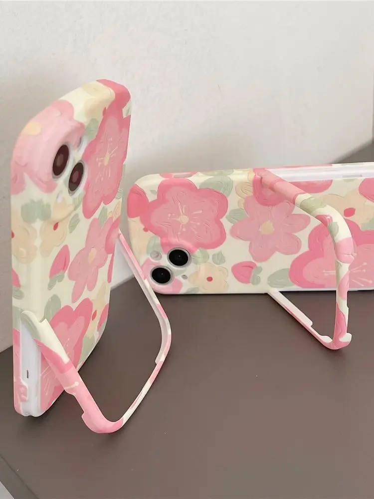 

13 Pro Case 2 in1 Kickstand Lovely Floral Peach Phone Holder Cover for iPhone 11 12 13 Pro Max XR X XS Liquid Silicone Cases
