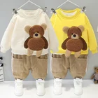 Одежда для маленьких мальчиков, Детский костюм на осень и зиму, свитер с мультяшным медведем + бархатные теплые вельветовые слаксы, Детский костюм из двух предметов