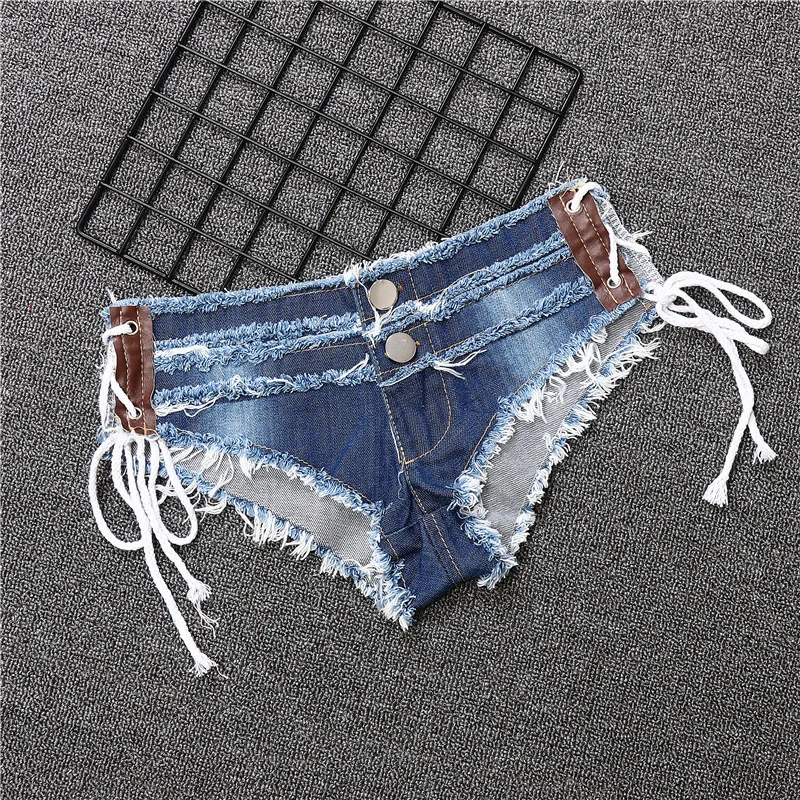 

European And American Sexy Denim Side Slit Bandage Tight Shorts Low Waist Slim Tight Micro Shorts