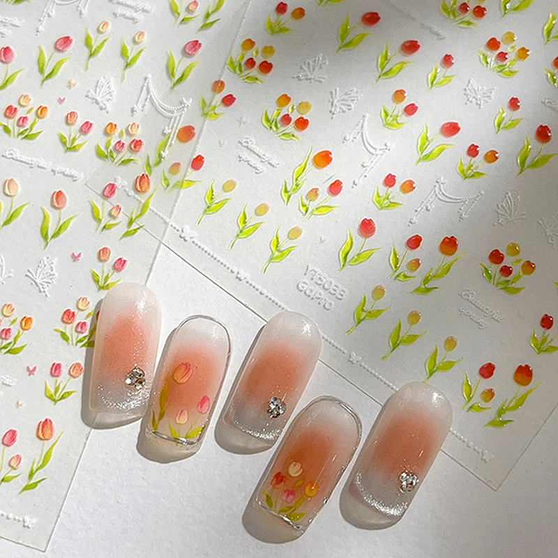 Фото 1 Sheet Relief Elegant Tulip Nail Art Stickers Kawaii Flower Adhesive Nail Decorations Decals DIY Manicure Accessories №3