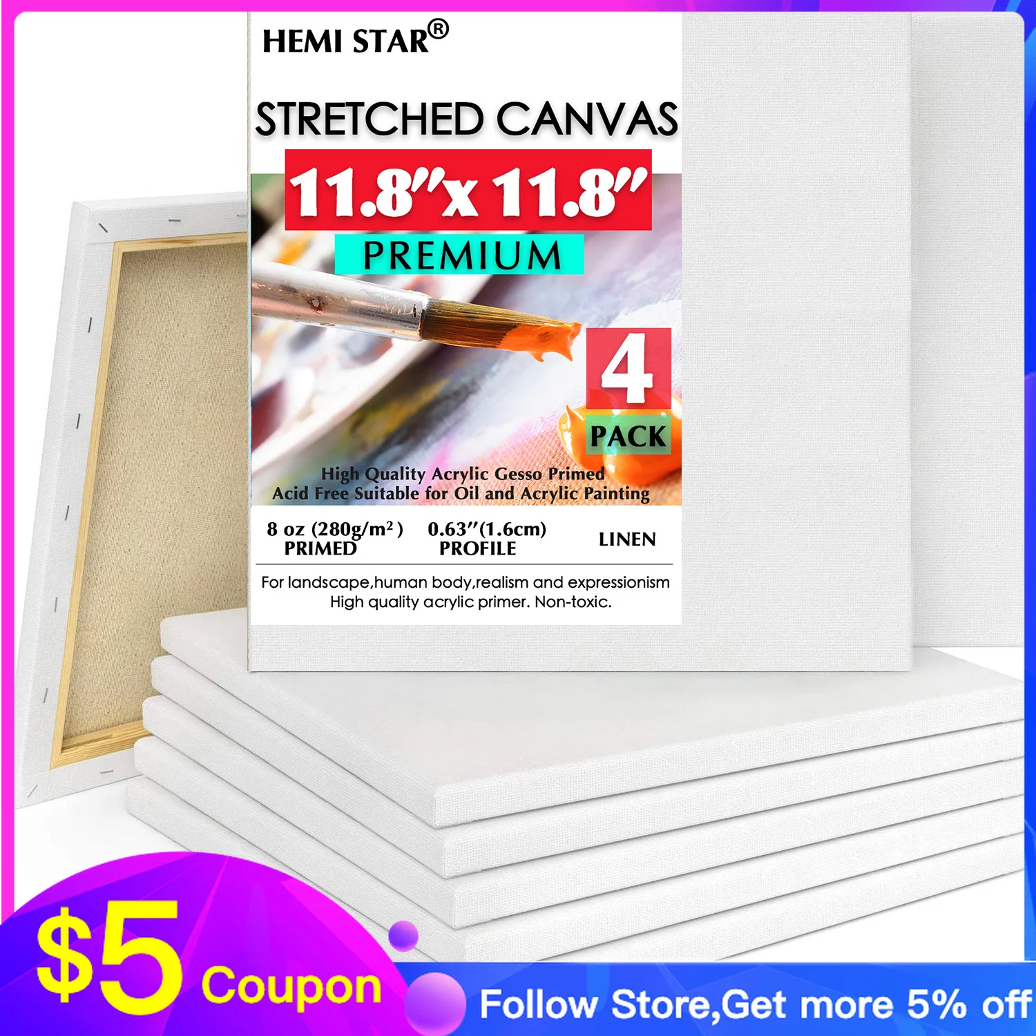 

4 pcs Stretched Canvases for Painting Linen Blank Canvas 30x30cm-11.8x11.8in Blank Canvas Boards for Painting 8 oz Gesso-Primed