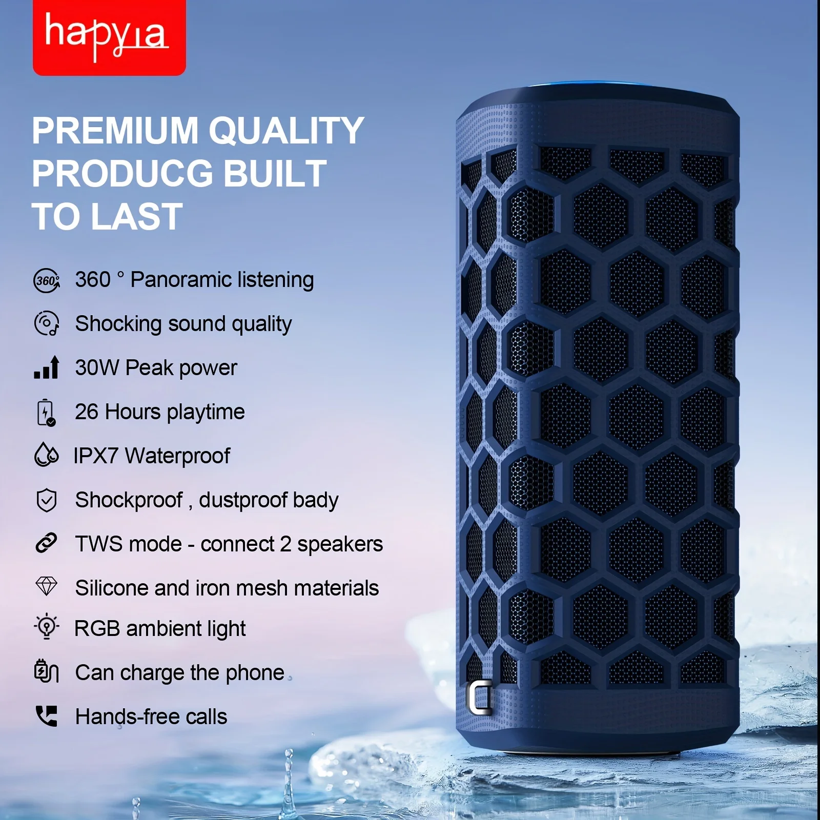 

Колонки HAPYIA 30 Вт TWS BT, громкие басы, портативное зарядное устройство для ванной и душа, водонепроницаемость IPX7, Пыленепроницаемая, 5600 мА/ч, RGB-подсветка