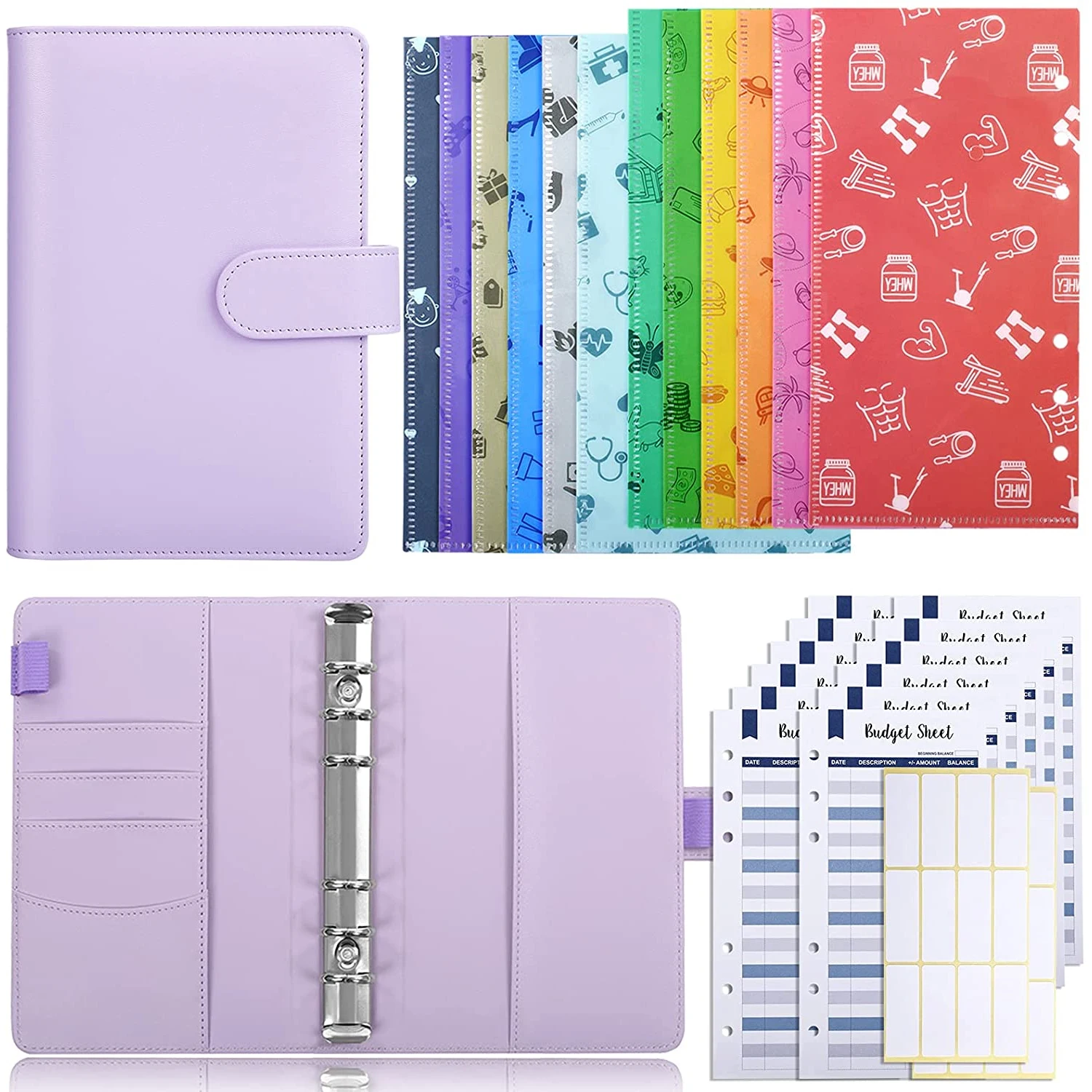 

A6 PU Leather Binder Budget Cash Envelopes System Planner, with 12 Budget Envelopes,12 Expense Budget Sheets,24 Sticker Labels