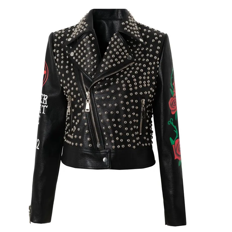 Women's spring and autumn new street motorcycle punk style flower print tiger head heavy industry rivet short leather jacket