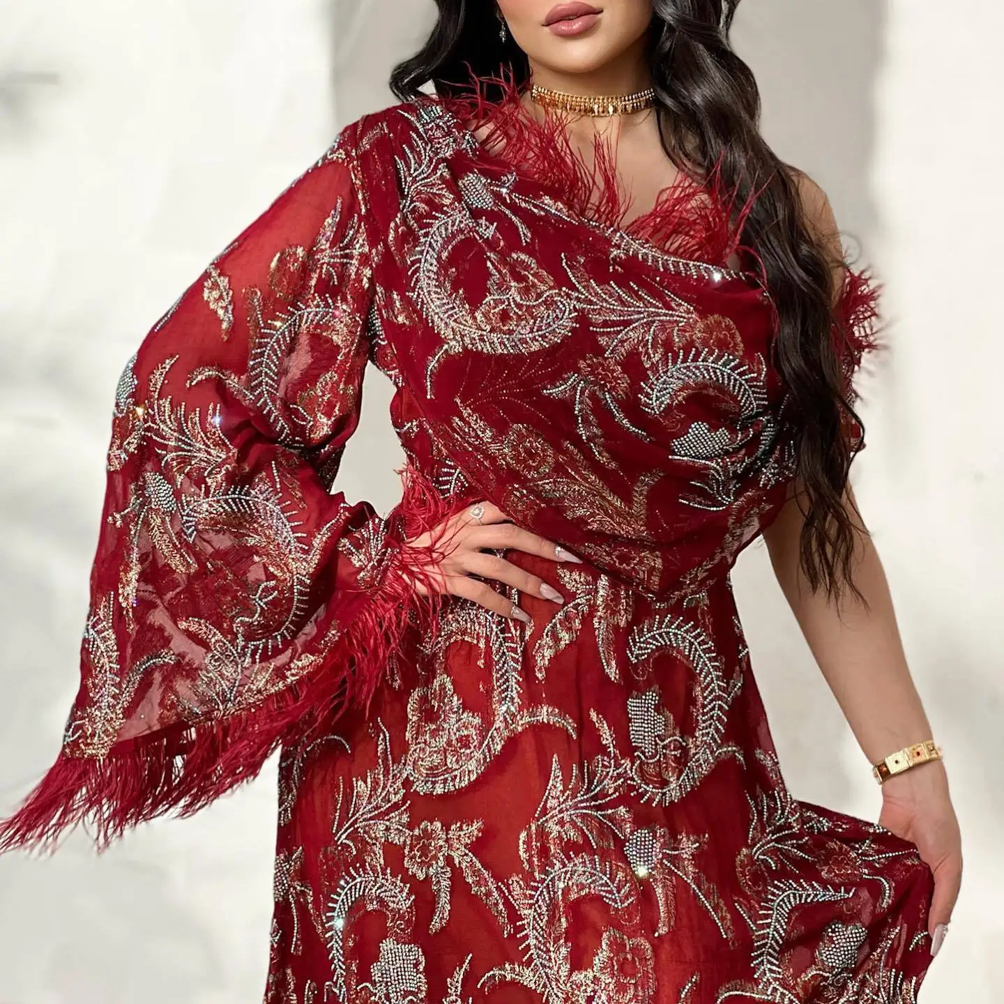 PLEINDI Bohemian Evening Dresses One-Shoulder Long Sleeves A-LINE Ankle-Length Chiffon 2022 New of Embroidery Boho Women Dress