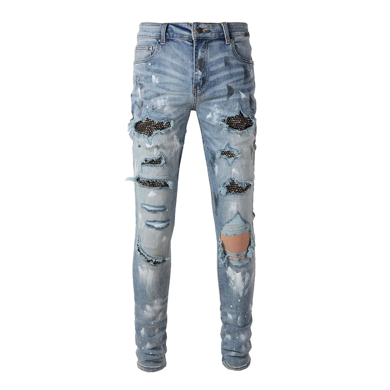 

Men's Distressed Black Painted Streetwear Stretch Skinny Rhineston Destroyed Holes Graffiti High Street Slim Fit Brand Jeans