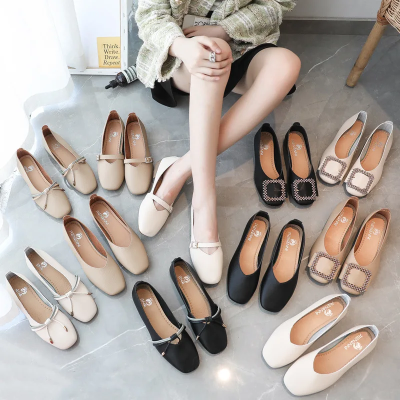 

Ladies Flat Shoes Casual PU Solid Color Square Thick Heel Wear Resistant Metal Pumps Non Slip Women