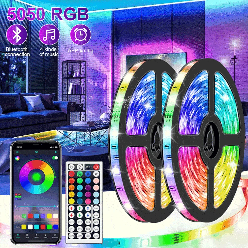 

Умная Bluetooth Светодиодная лента с инфракрасным управлением RGB5050, гибкая лампа с синхронизацией музыки для подсветки телевизора, Рождественс...
