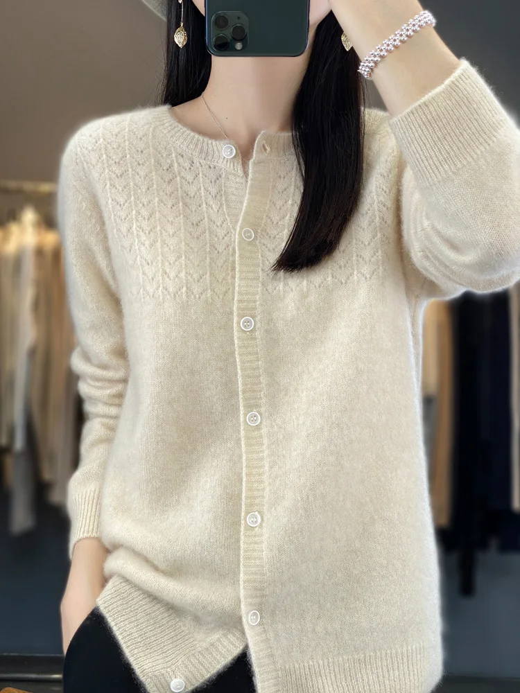 

Spring Cashmere Merino Wool Famale O-Neck Sweater Women Knitted Cardigan Hollow Out Knitwear Loose Tops Traf y2k