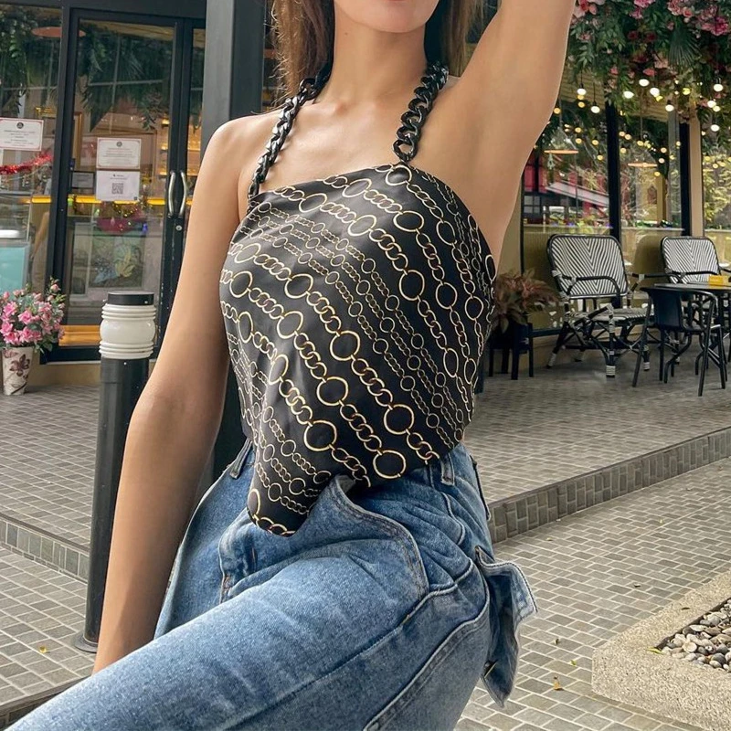 

Summer Sexy Chain Neckline Halter Round Ring Floral Print Back Bandage Tanks Fashion Clubwear Party Y2k Gothic Crop Tops Women