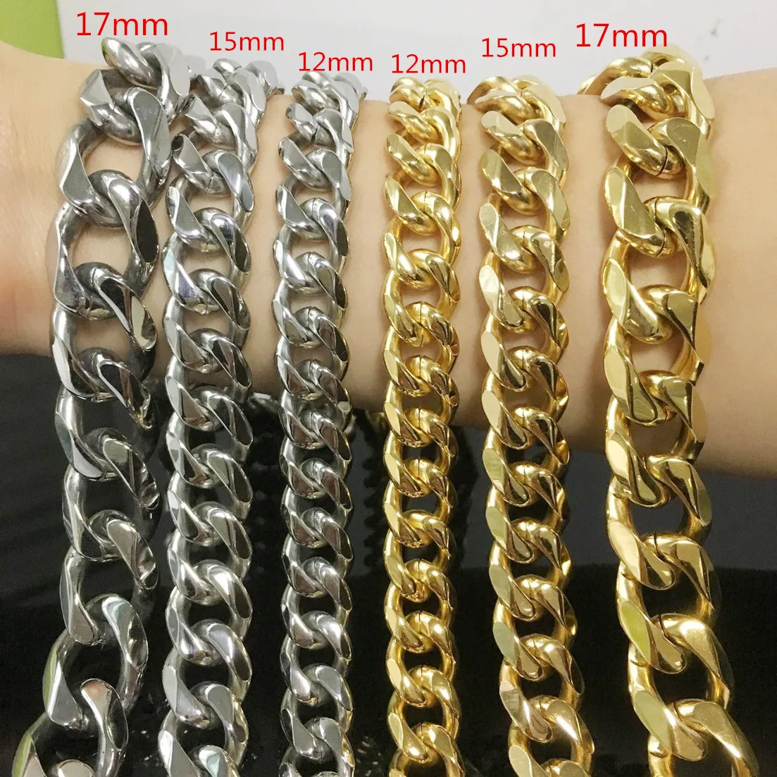 

12/15/17mm Wide Men Cuban Curb Link Chain High Polished Silver/Gold Color 316L Stainless Steel Bracelet/Necklace