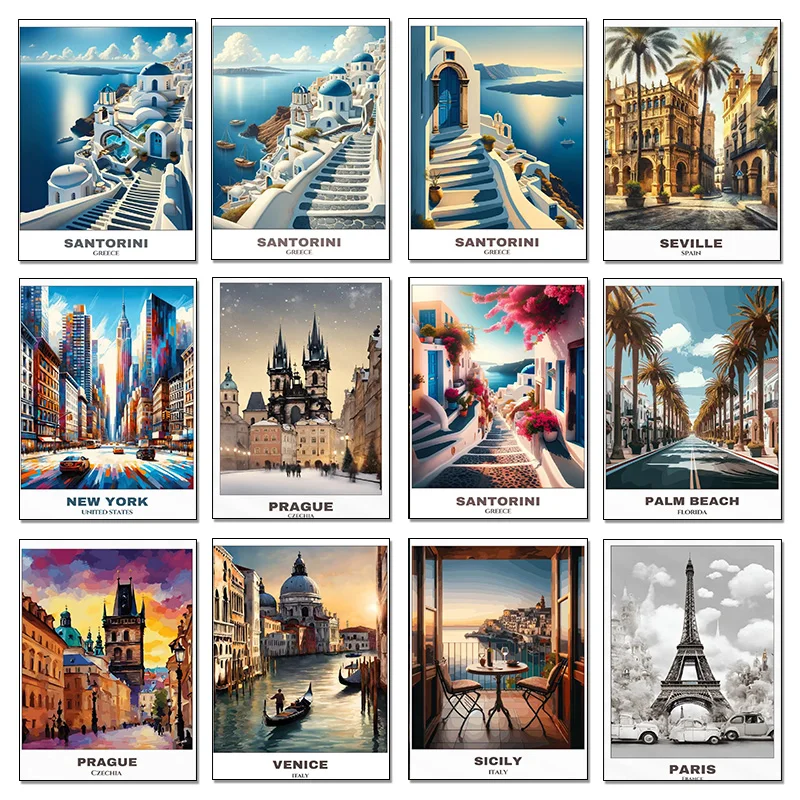 Франция Путешествие Прага Италия Санторини Севилья Нью-Йорк Город Плакат Печать