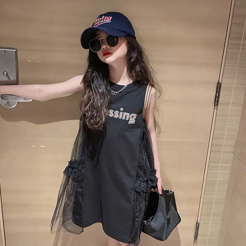 

Teenager Summer Dress Fashion Casual Streetwear Sleeveless Black Mesh Dresses on sales with free shipping