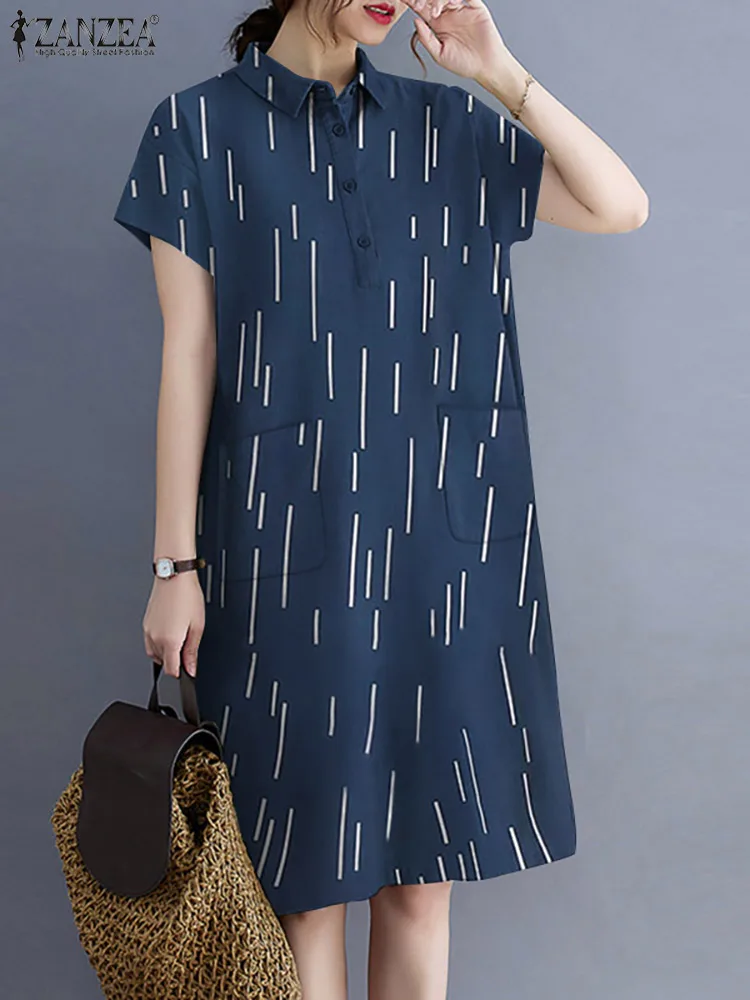 

ZANZEA Women Casual Loose Dress 2022 Summer Printed Lapel Neck Short Sleeve Vestidos Vintage Cotton Dresses Robe Femme Oversized