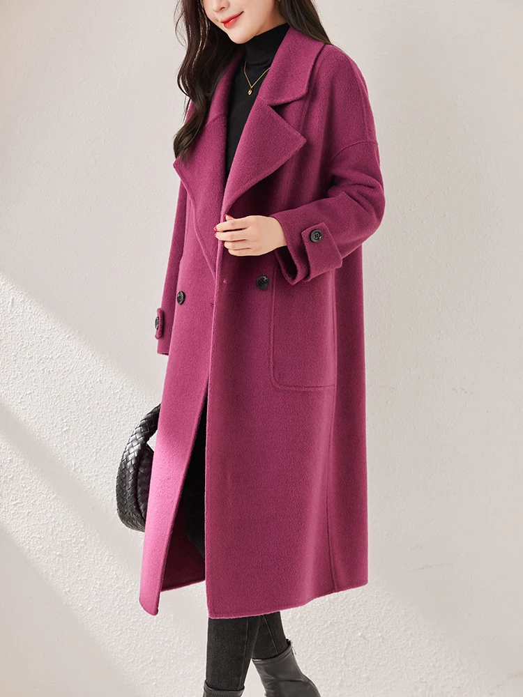 Qishiya Rose Red Double-sided Wool coat Women 2024 New Simple Loose Slimming Wool Woolen Outerwear